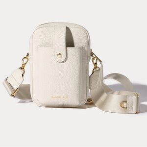 Bandolier White Pebbled Leather Crossbody Phone Bag with Gold Hardware